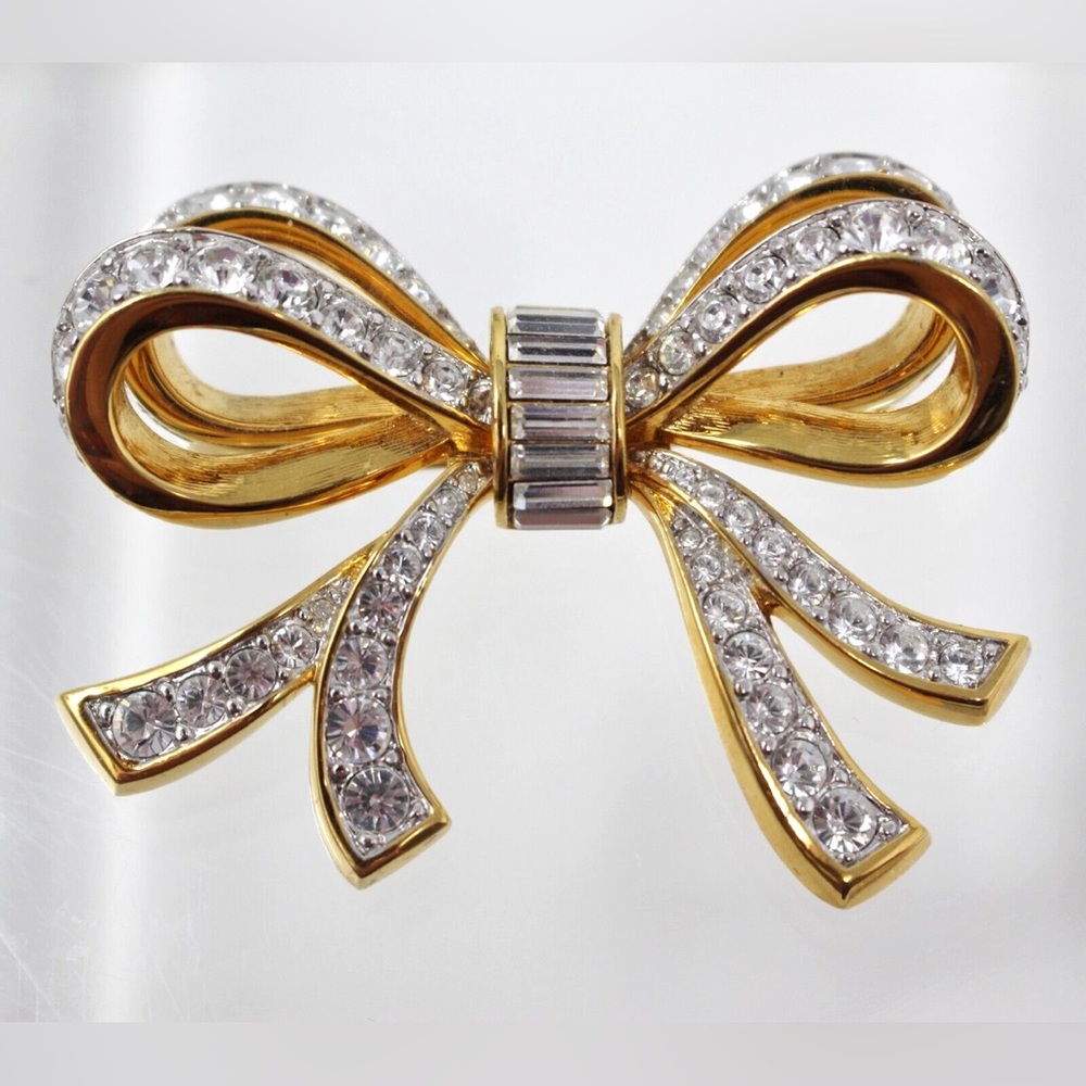 VTG Swarovski Gold Crystal Bow Brooch
